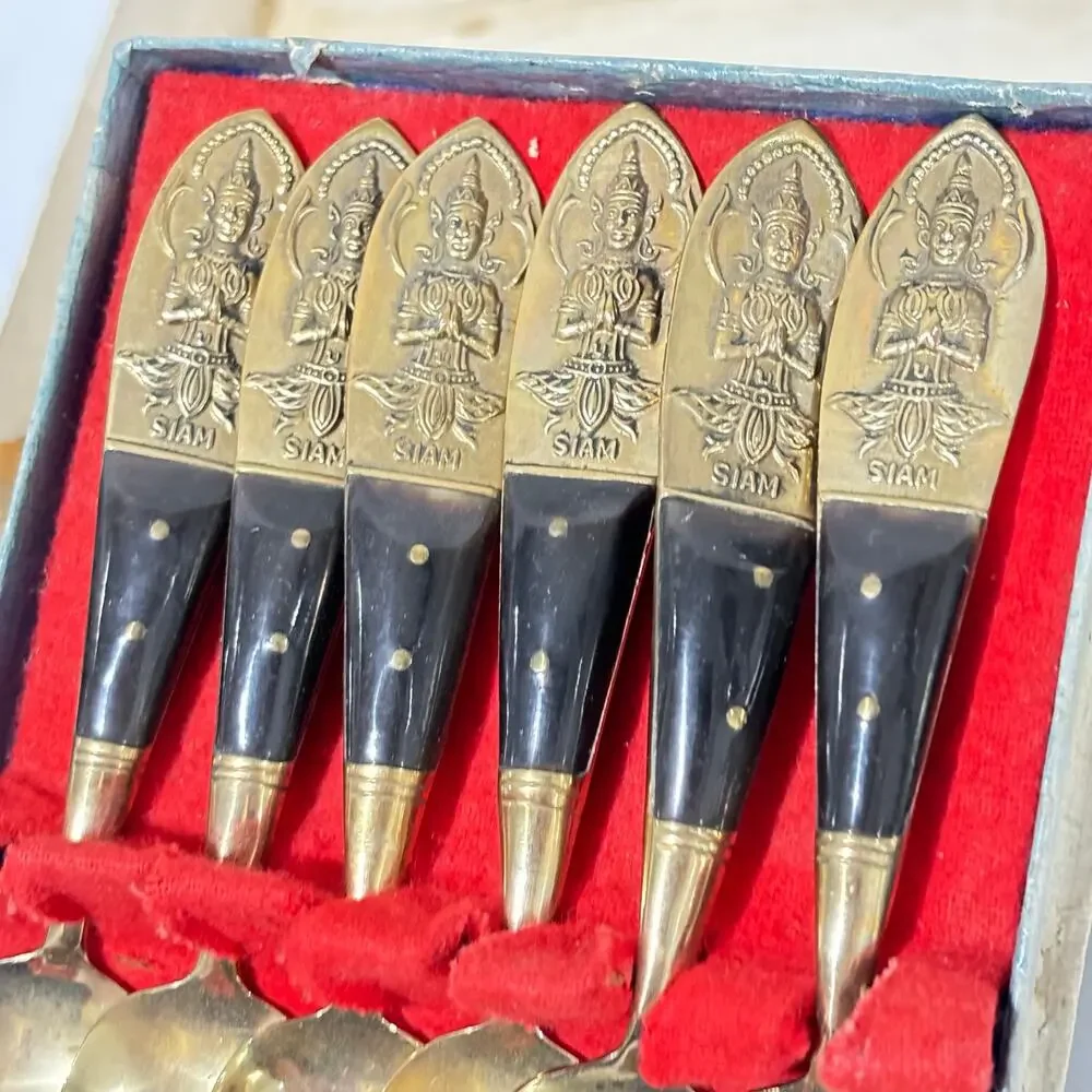 Thailand brass & teak spoons set cocktail espresso tea demitasse boxed set of 6